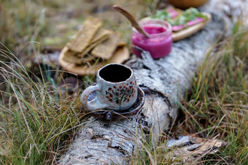 Healthy breakfast in the nature, eating home made bread and beet root pesto, drinking natural herbal tea