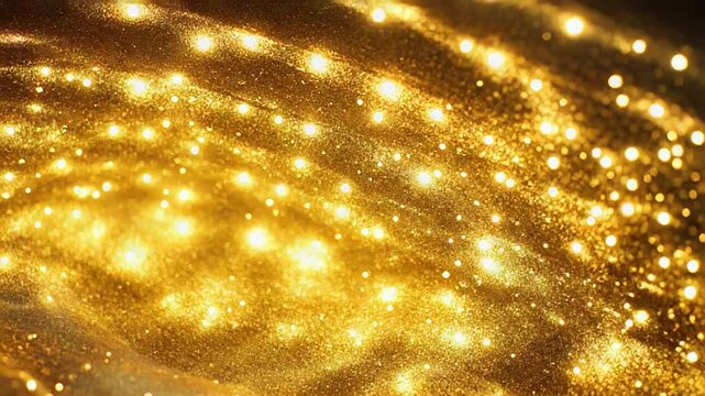 Golden glitter dust particles sparkling over abstract waves