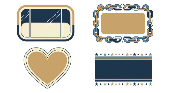 A collection of four decorative frames and banners, including a window, chain, heart, and star designs, in a blue and gold color palette.