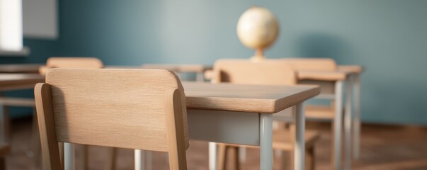 Empty classroom interior with wooden desks chairs and a globe against a teal wall
