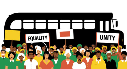 A diverse crowd of protestors holding signs for equality and unity in front of a bus. © GJ
