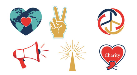 A collection of six vector icons representing charity, peace, global unity, and social activism.