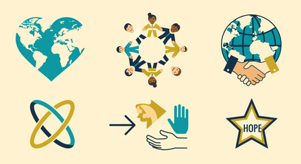 A collection of six flat design icons symbolizing global unity, diversity, peace, cooperation, protection, and hope.