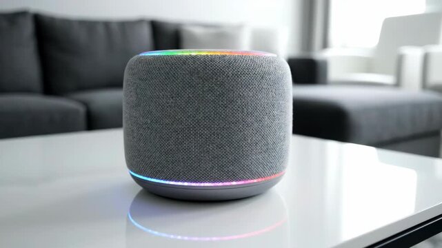 A modern grey fabric smart speaker sits on a white table in a contemporary living room with colorful LED lights glowing at its base symbolizing smart home technology