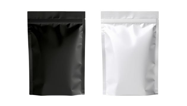 Crumpled white and black bags on a light background, realistic wrinkled packaging, modern minimalistic style, ideal for retail display, product mockups, branding, and creative designs