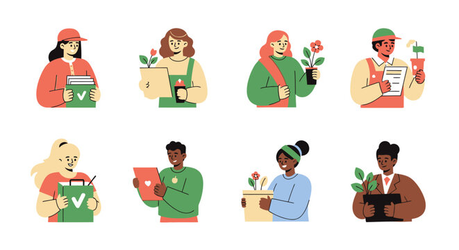 A diverse group of people engaged in various activities related to plants and environmental care.