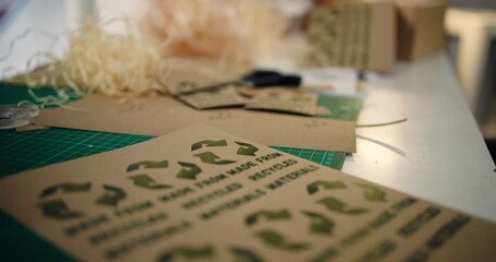 Recycle, workshop and packaging on desk for supply chain, shipping and eco friendly business. Startup, ecommerce and empty office with reusable cardboard for inventory, distribution and logistics