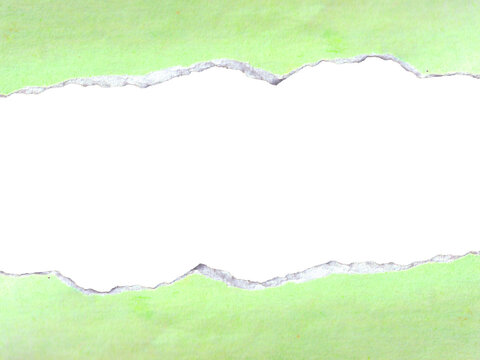 Abstract torn green paper with ripped edges. Grunge watercolor texture background with transparent space for text or design. PNG frame element.