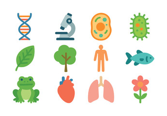 Naklejka premium Biology icons set: dna, microscope, cell, bacteria, leaf, tree, human, fish, frog, heart, lungs, flower