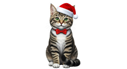 Cute tabby cat wearing a Santa hat and bow tie festive Christmas illustration isolated on white background