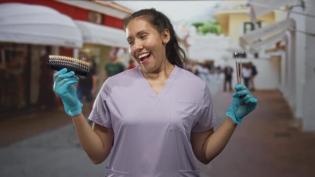 Woman dentist in purple scrubs holding dental shade guide and tools on a busy city street with gloved hands; cheerful confidence.