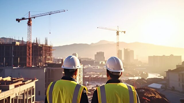 Two construction workers in hard hats and high visibility vests observe a large city building development site at