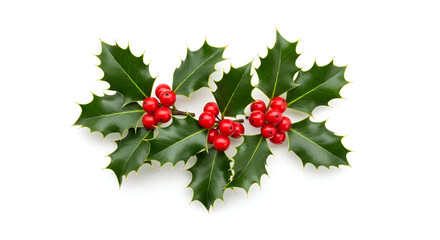 Sprig of holly with red berries traditional Christmas decoration isolated on white background