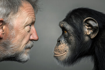 A man and a monkey looking at each other. The concept of evolution and civilization. Homo sapiens and chimpanzees.