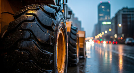 Heavy Machinery Tire on Rainy City Street Construction and Urban Development