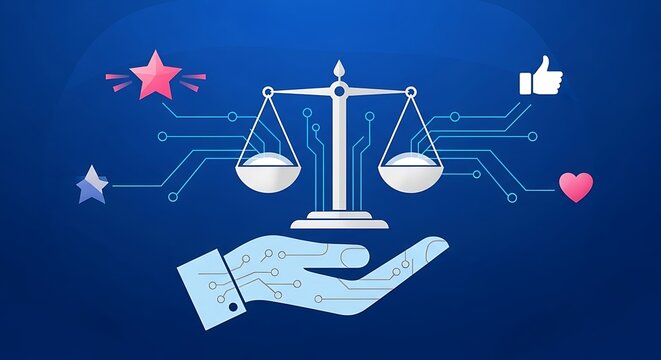 Ai ethics compliance badges digital justice scales held by a hand with social media icons