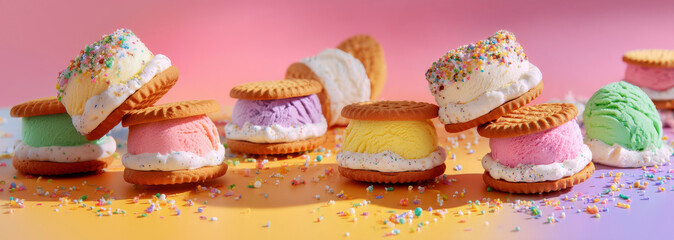 Ice cream sandwiches with gourmet cookies, bright color, fresh and playful summer. Generative AI image