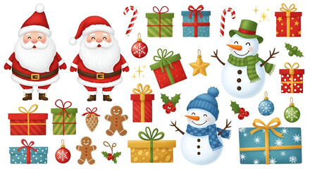 Festive Christmas clip art set featuring Santa Claus snowmen and gifts perfect for holiday designs and decorations