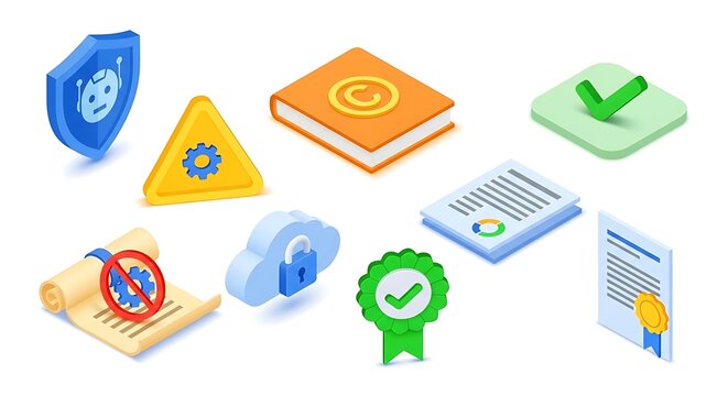 Ai ethics compliance badges collection of icons representing security, law, and compliance
