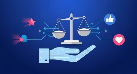 Ai ethics compliance badges ai hand balancing social media and digital connection scales