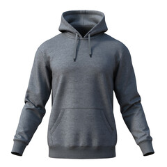 Detailed 3D Rendering of a Heather Grey Hooded Sweatshirt with Front Pocket and Drawstrings Isolated on a Transparent Background Showcasing Textured Fabric and Ribbed Cuffs and Hem