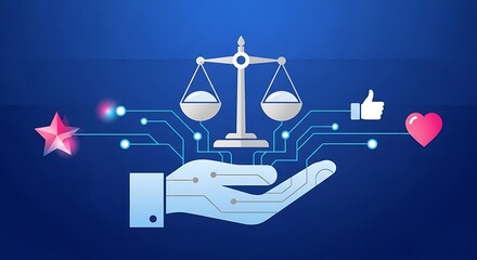 Ai ethics compliance badges digital hand holding scales of justice with social media icons