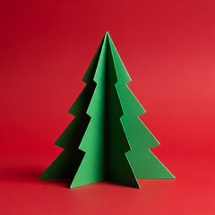Fototapeta premium A green paper Christmas tree stands against a solid red background Holiday