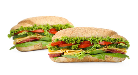 Delicious sandwiches of ciabatta on white background