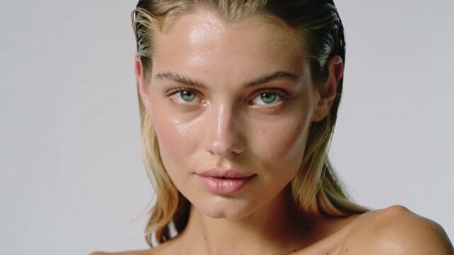 Beauty video with beautiful young professional woman model with natural dew skin and slicked-back long wet hair on light background.Slow motion posing.AI Generative.