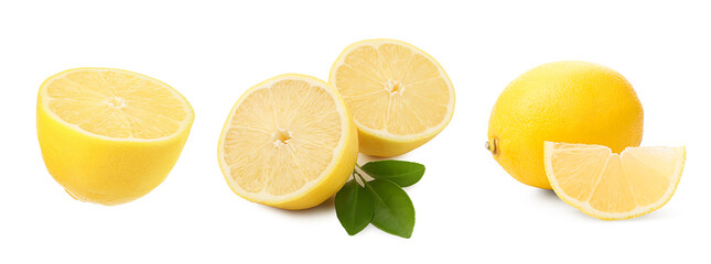 Set of fresh lemons on white background. Citrus fruit