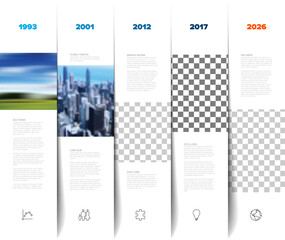 A clean and modern timeline infographic design template with five vertical columns. This adaptable timeline template with photo placeholders allows easy customization with your own images and text