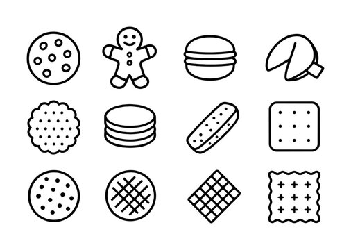 Black and white cookie icon set - assorted cookie shapes and designs