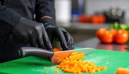 Professional Chef's Hands in Black Gloves Slicing Fresh Carrots on a Green Cutting Board in a Commercial Kitchen