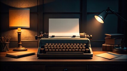A classic vintage typewriter with a blank paper sheet ready for writing on a wooden desk illuminated by a warm lamp