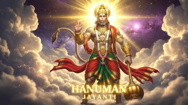 Lord Hanuman Standing With His Mace In A Powerful Pose Against A Dramatic Sky With Bright Sun Halo And Clouds Representing His Divine Strength Devotion And Bravery For The Hindu Festival Of Hanuman Ja