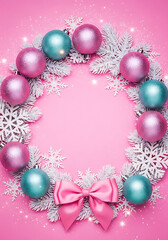 A beautiful Christmas frame with pink tree branches, berries, ornaments, decorative ribbons, snow, and tiny stars, set against a pink background with space for text. Top view. Christmas / Holiday Desi