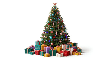 Christmas tree with colorful ornaments and wrapped gifts isolated on white background perfect for holiday promotions and festive d