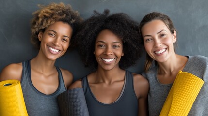 Fototapeta premium Three joyful women stand closely, holding yoga mats and sharing smiles. They have just completed their yoga session at a local studio, embracing the moment of friendship and relaxation