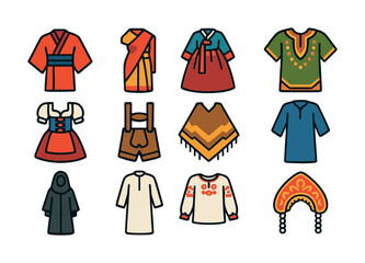 Traditional clothing icons: global cultural attire collection