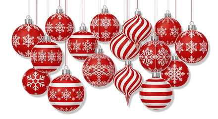 Collection of red Christmas ornaments hanging baubles with snowflake and stripe patterns vector illustration for holiday decoratio