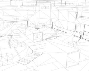 A wireframe drawing of a warehouse interior filled with containers, tables, and chairs in a black and white monochrome style.