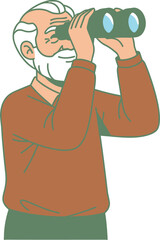 Senior man actively looking through binoculars with focused gaze Vector