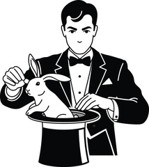 Magician pulling white rabbit from top hat classic magic show Vector
