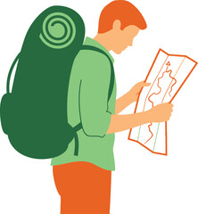 Traveler with backpack reading map, planning adventure exploration Vector