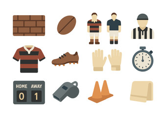 Rugby icons: uniforms, players, equipment, scoreboard, referee, stopwatch