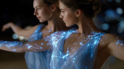 Side view of dancers interacting with holographic avatars and AI-generated motion projections — representing mixed-reality choreography, digital performance experimentation, and technology-enhanced