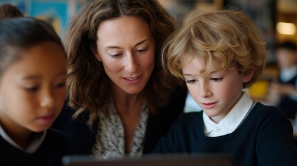 Students and teacher co-create lessons using augmented reality visuals and collaborative apps, symbolizing inclusivity, engagement, and the empowerment of young minds through technology-enhanced