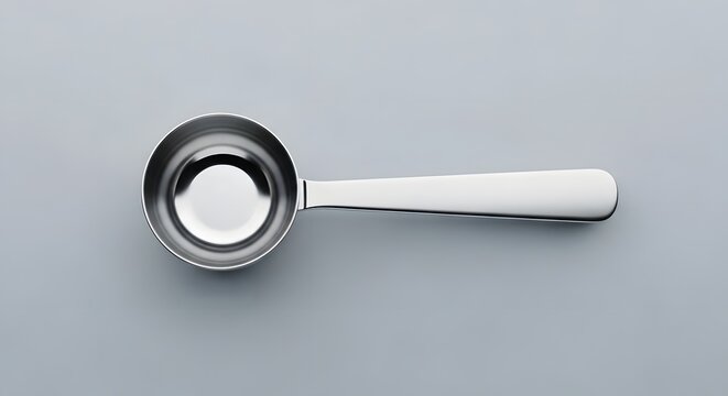 Metal coffee scoop or measuring spoon isolated on a plain grey background top view