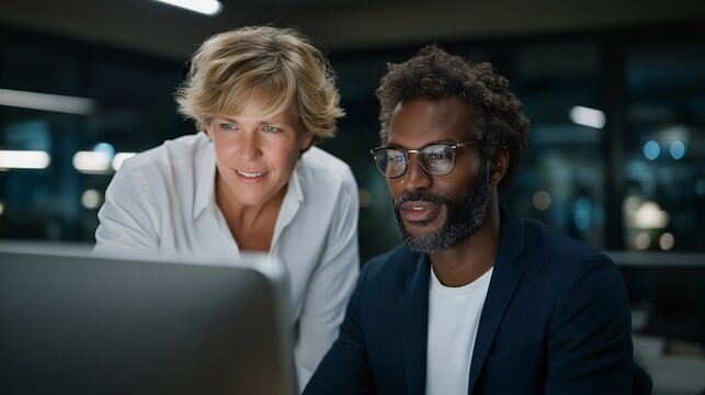 Mentor guiding a new team member through presentation slides on a sleek digital screen — collaboration, trust, and career advancement illustrated through smart workplace technology and