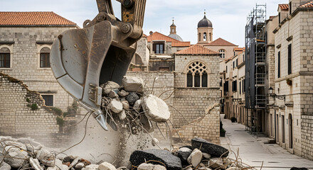 Excavator Demolishing Buildings in Historic City Center Urban Development Infrastructure Construction